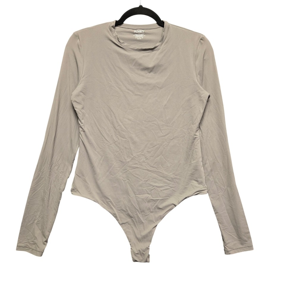 PUMIEY Long Sleeve Bodysuit Crew Neck XL Taupe Gray Minimalist Basich